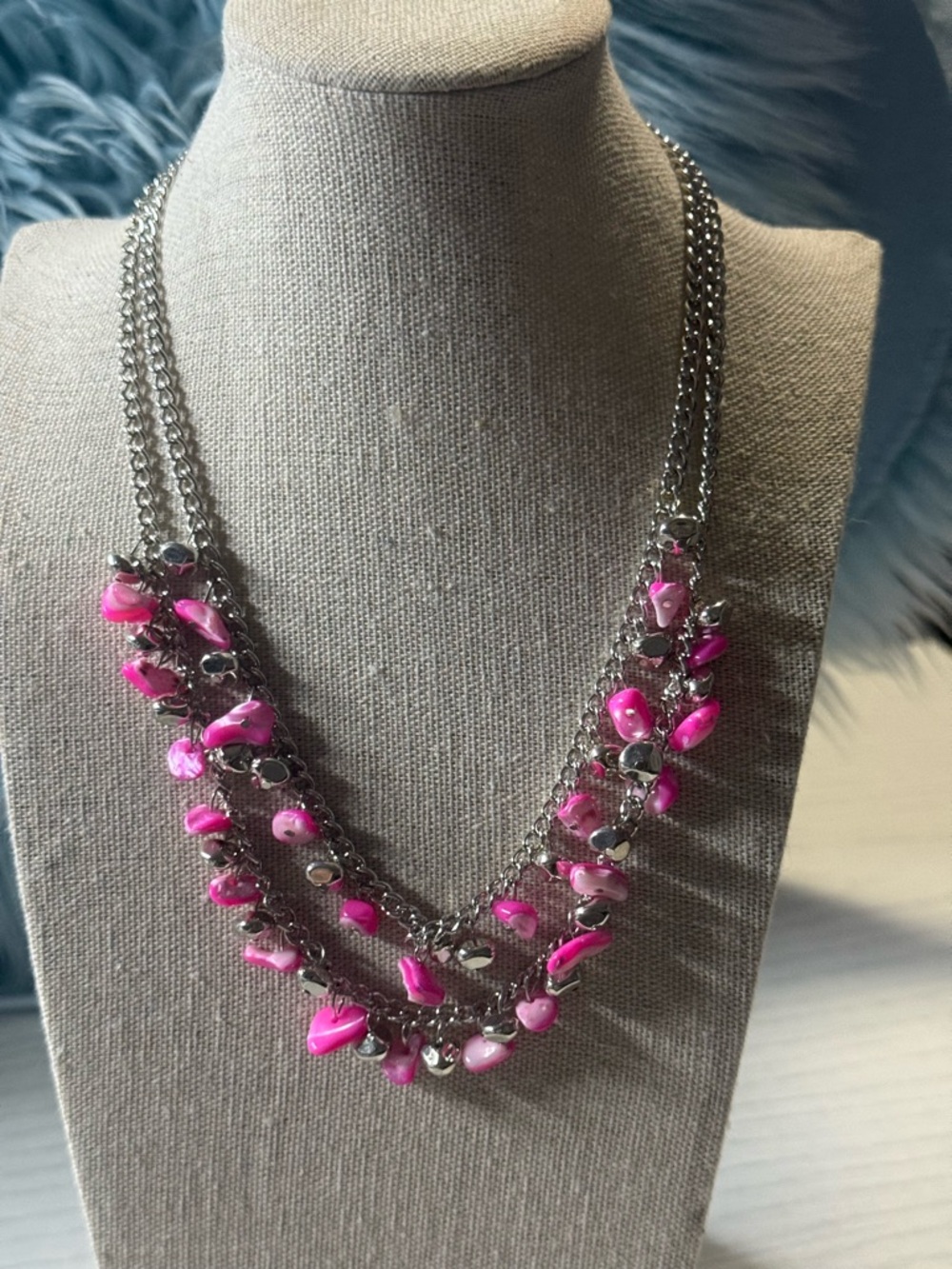 Silver Chain Layered Necklace with Pink Beads - Women Jewelry